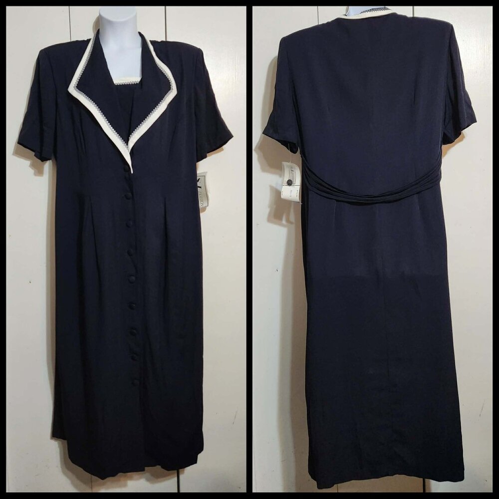 VTG 90s 22W SL Fashions Navy White Secretary Dark Academia Rockabilly Dress NWT